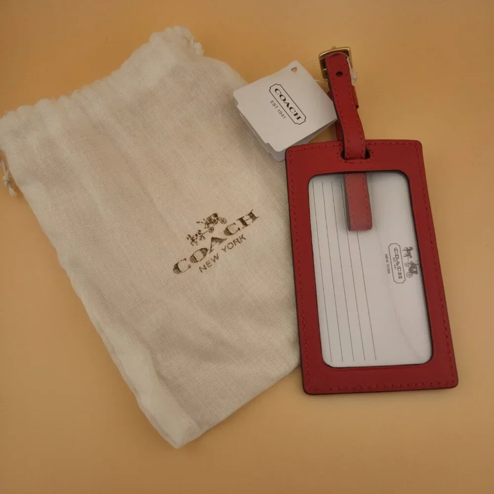 Coach Darcy Leather Luggage Tag Vermillion Red & Gold F67743 NWT - Picture 2 of 8